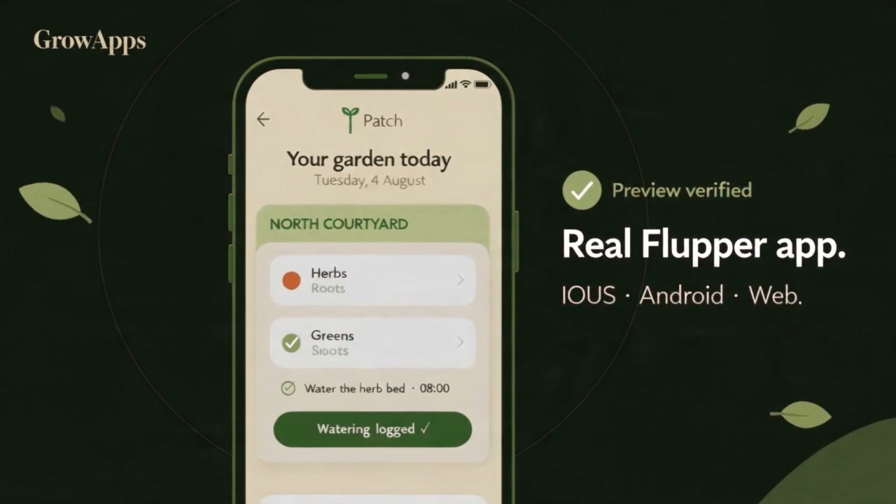 The GrowApps build workspace: a chat on the left and a phone sized live preview of the app being built on the right.