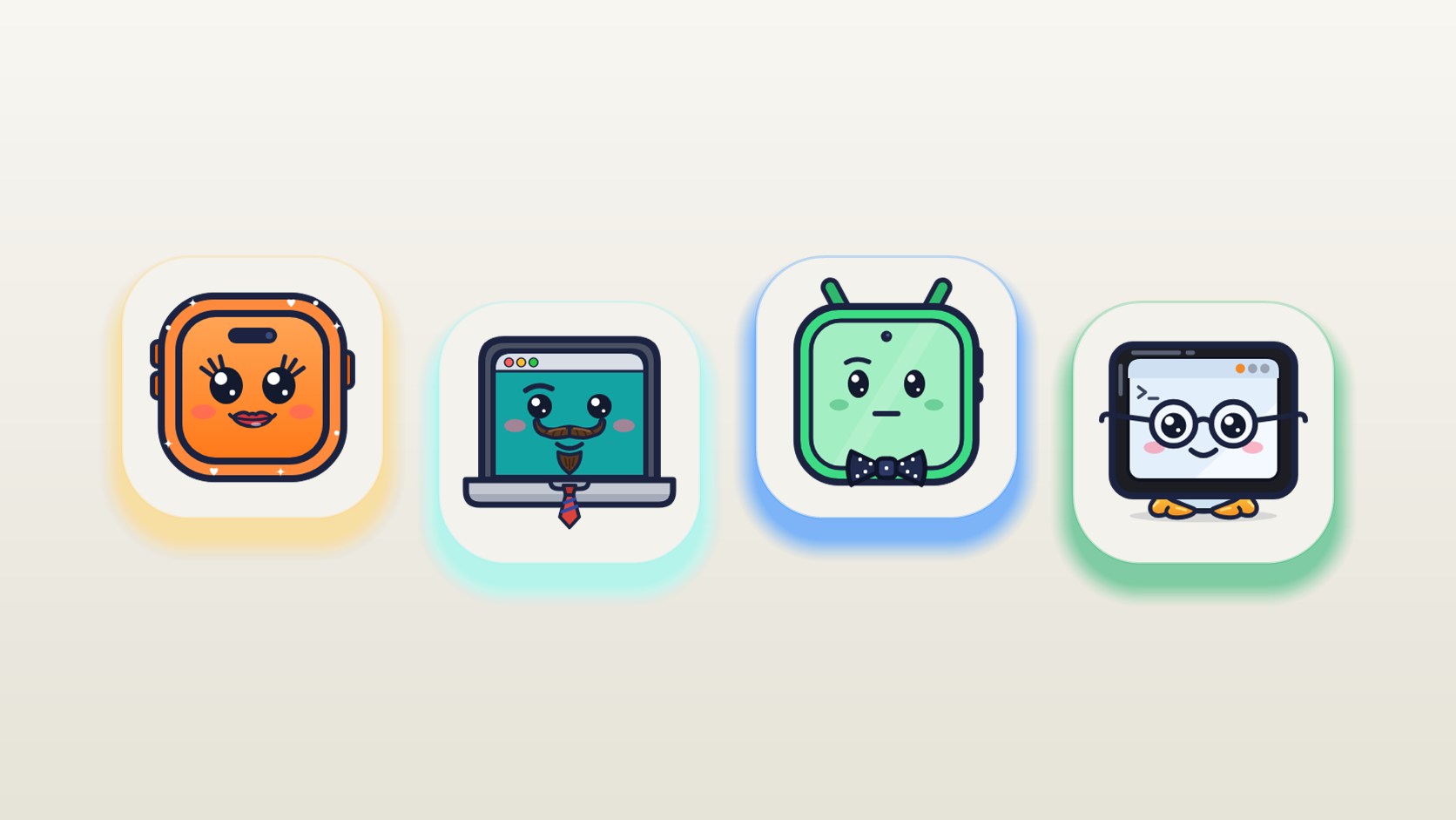 The four GrowApps agents in a row on a pale ivory background: Mary, an orange robot, Bob, a laptop with a moustache and tie, Cory, a green robot with a bow tie, and Pete, a terminal screen with round glasses.