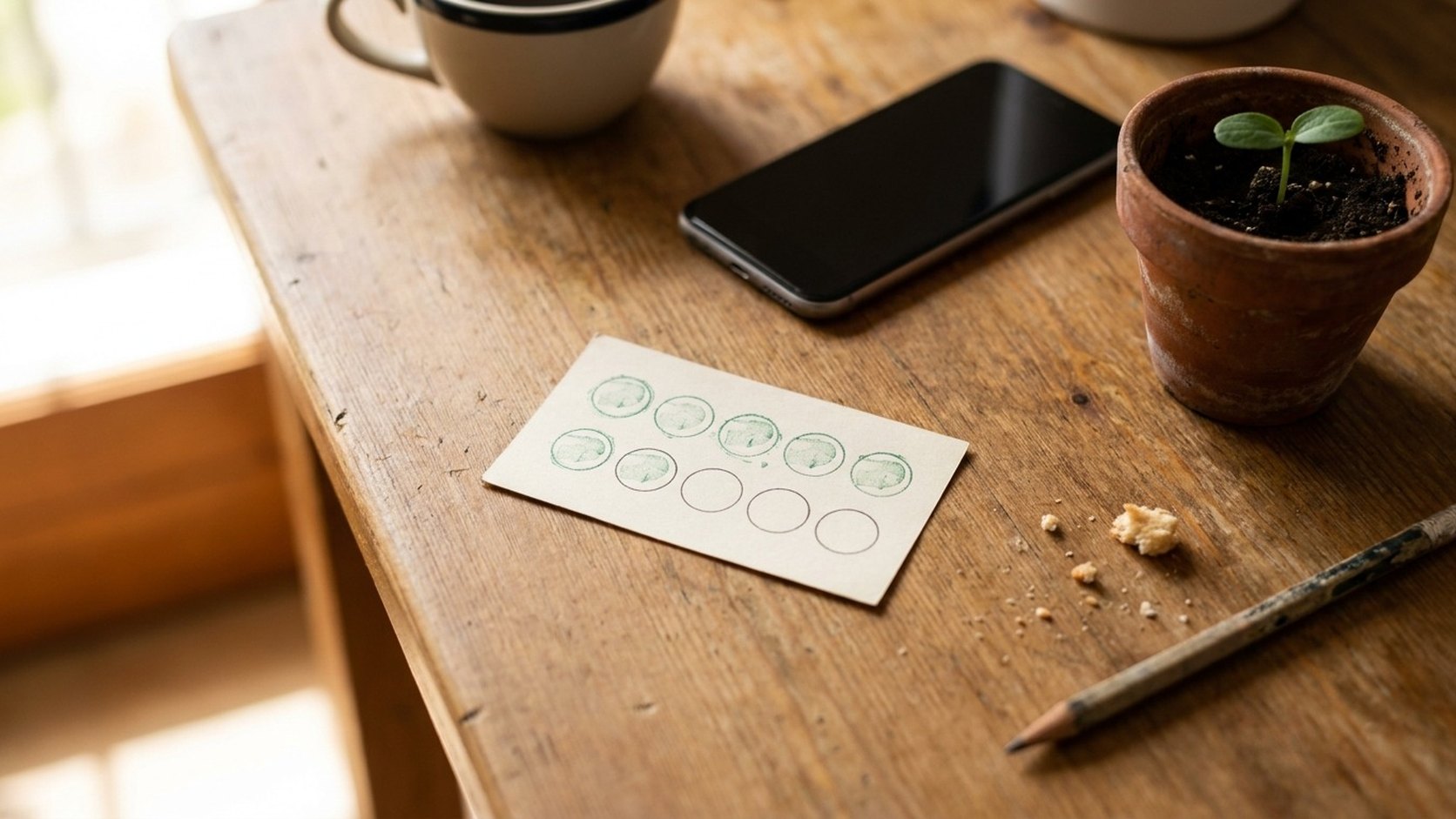 A coffee shop stamp card with seven of ten circles stamped, next to a phone and a small seedling on a wooden table.