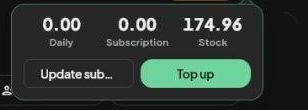 The credits popover with Daily, Subscription and Stock balances and Update subscription and Top up buttons.