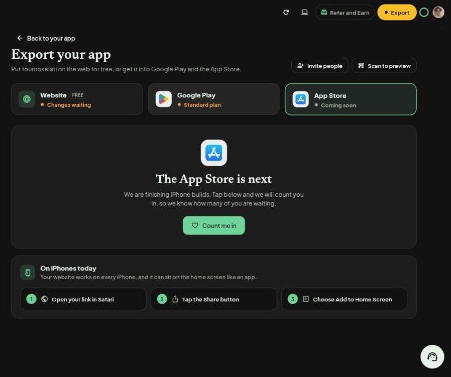 The App Store page in Export: The App Store is next, a Count me in button, and On iPhones today with three steps to add the website to the home screen.