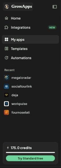 The GrowApps left menu: Home, Integrations, My apps, Templates, Automations, a Recent list of apps, and the credits card.