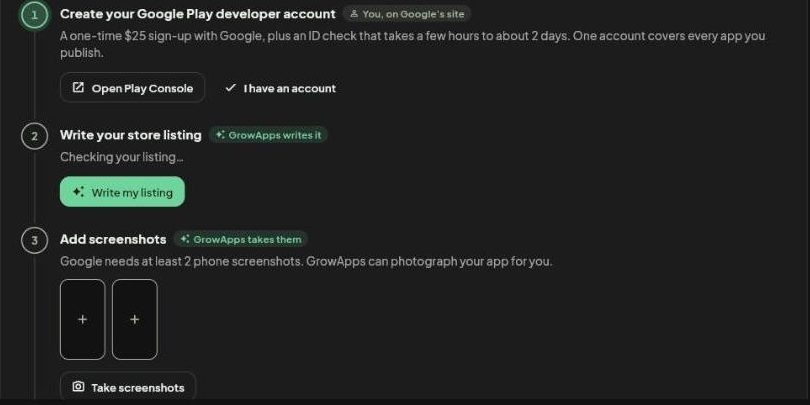 The Google Play page in Export: step 1 Create your Google Play developer account, step 2 Write your store listing with a Write my listing button, step 3 Add screenshots with a Take screenshots button.