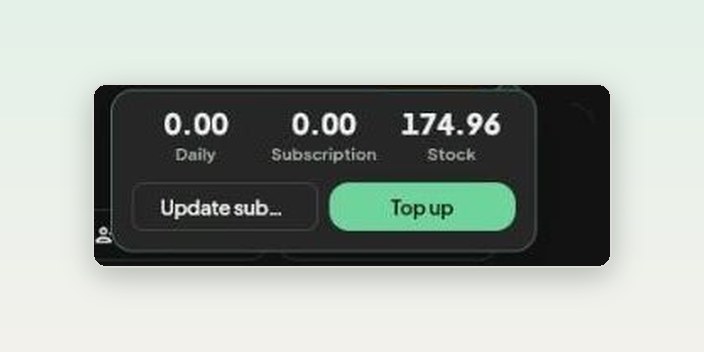 The credit ring opened: daily, subscription and stock credits, with Top up.