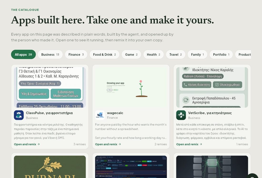 The Templates gallery: apps people built with GrowApps, sorted by category, each ready to open and remix.